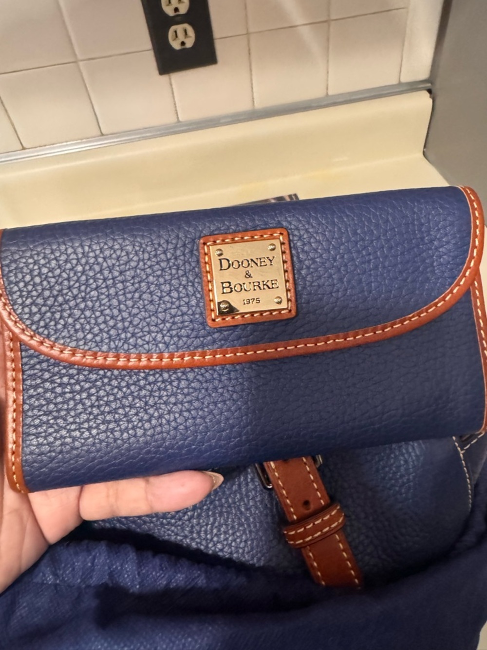 Dooney & Bourke Blue Pebbled Leather Tote with Brown Trim - Picture 4 of 11